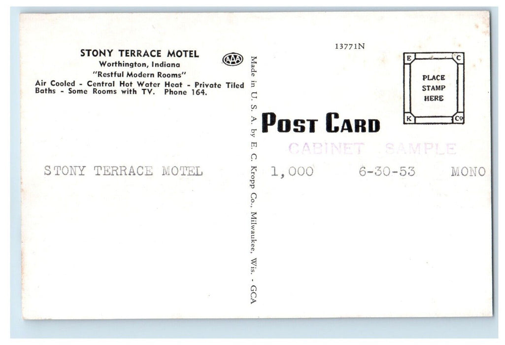 1953 Stony Terrace Motel Sample Worthington Indiana IN US 231 Postcard