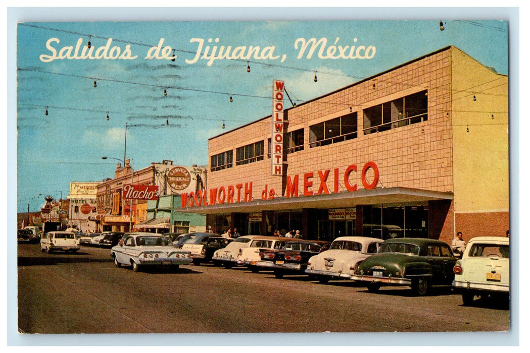 1963 Nacho Store, Hotel, Greetings from Tijuana's Avenida Revolucion MX Postcard