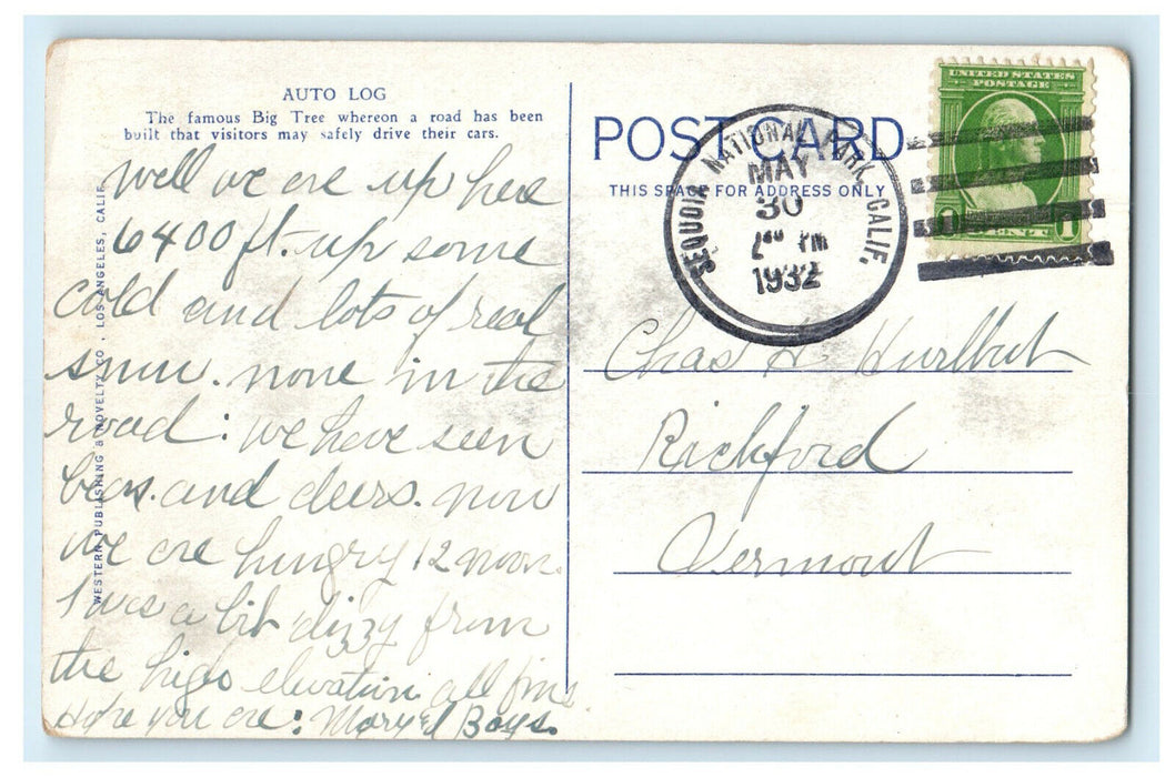 1932 The Auto Log, Sequoia National Park California CA Posted Postcard