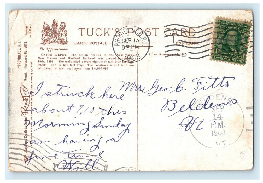 1908 Providence RI, Union Depot Horse Carriage Wagon Trolley Tuck's Postcard