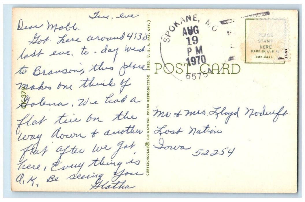 1970 Greetings From Branson MO, Beautiful Lake Taneycomo Surfing Banner Postcard