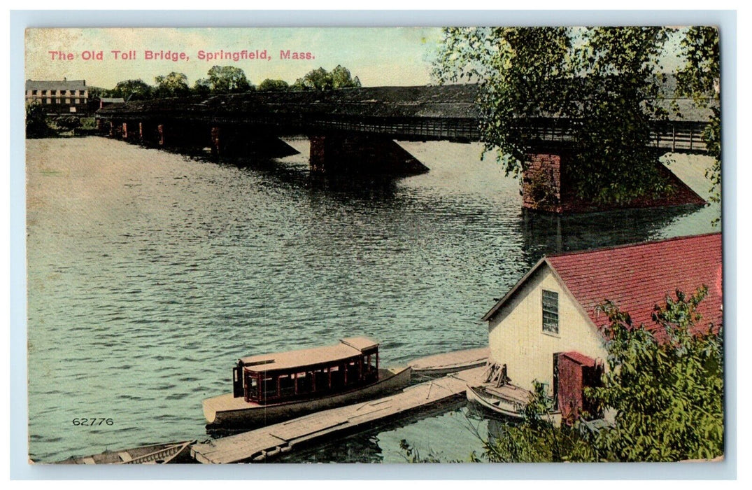 1911 The Old Toll Bridge Boat Springfield Massachusetts MA Antique Postcard
