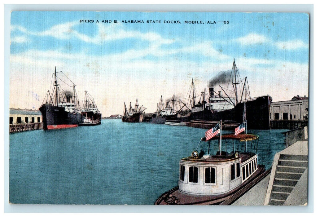 c1940's Piers A And B Alabama State Docks Mobile Alabama AL Vintage Postcard