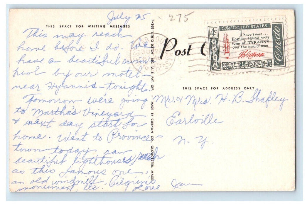 1950 Highland Light At Truro Sketch Drawing Cape Cod Massachusetts MA Postcard