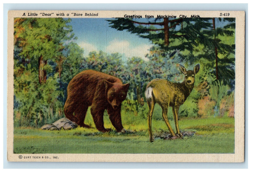 1947 Bear and Deer Scene, Greetings from Mackinaw City Michigan MI Postcard