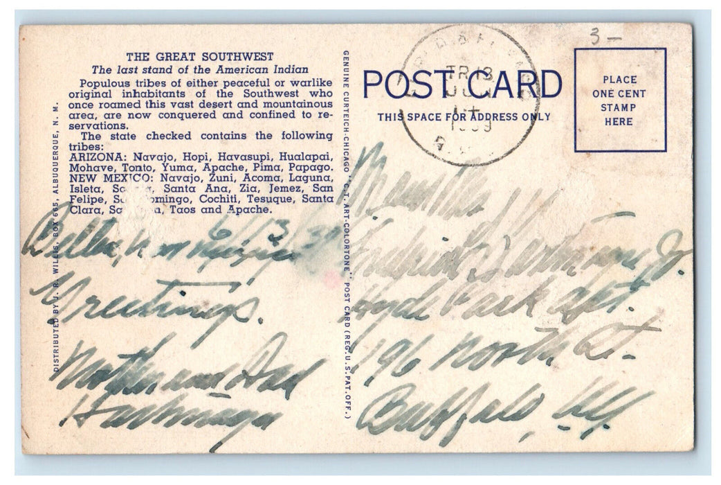 c1950's Great Southwest, Greetings from the Indian Country Vintage Postcard