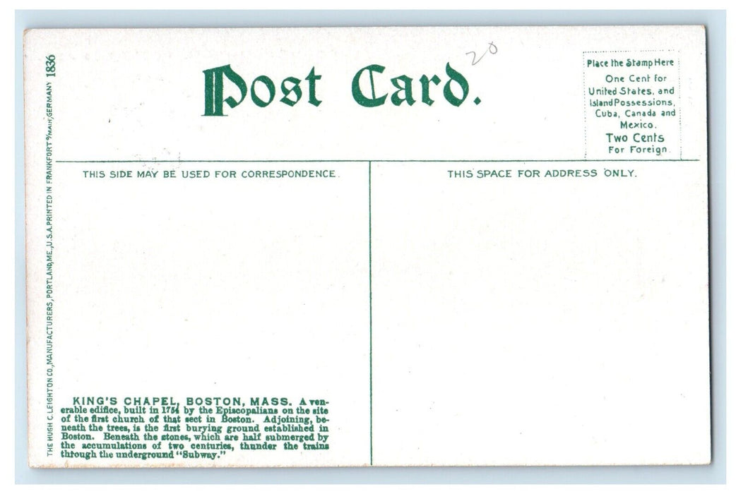 c1910's King Chapel Street View Horse & Buggy Boston Massachusetts MA Postcard