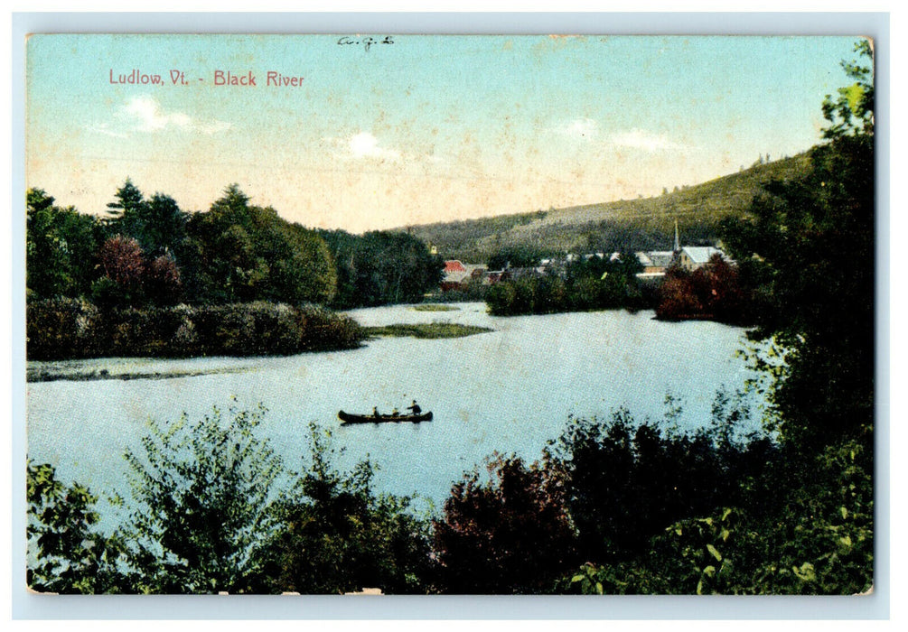 1912 Man in a Boat, Black River Ludlow Vermont VT East Enosburg VT Postcard