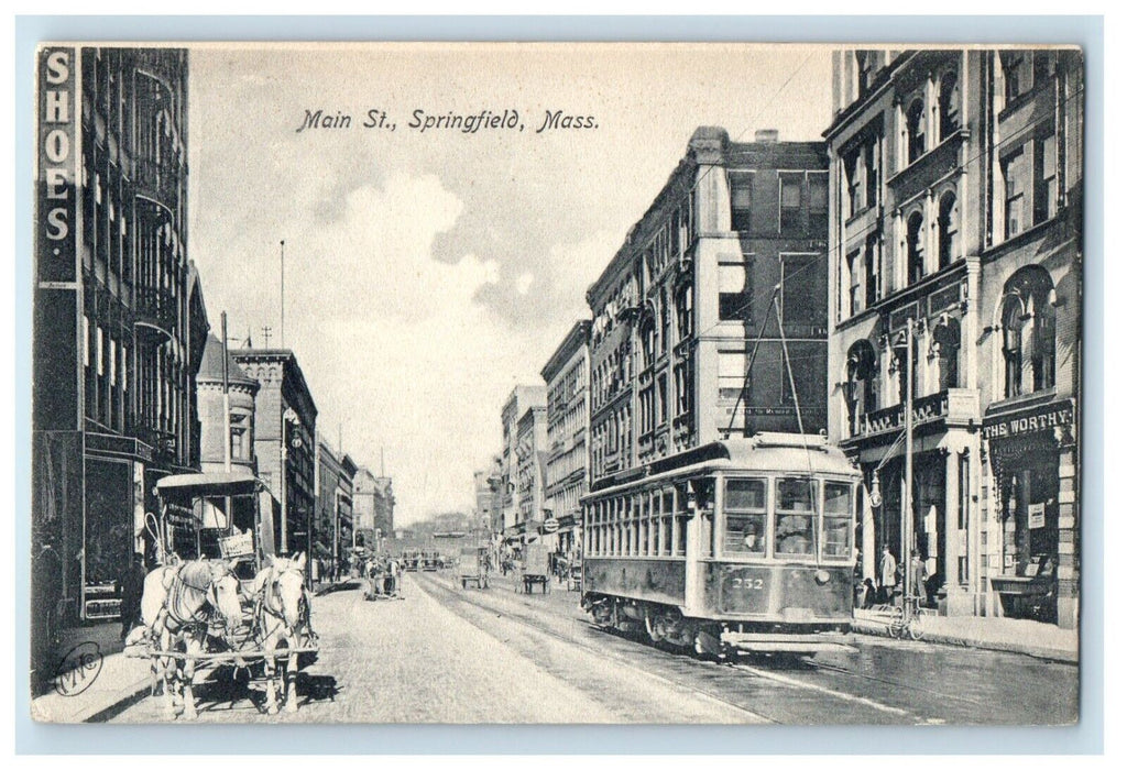 c1905 Main Street View Trolley Springfield Massachusetts MA Antique Postcard