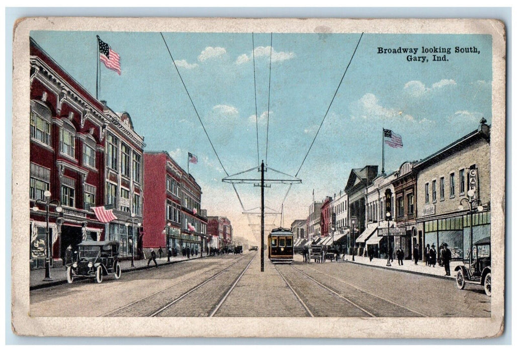 c1910's Broadway Looking South Trolley Train Gary Indiana IN Antique Postcard