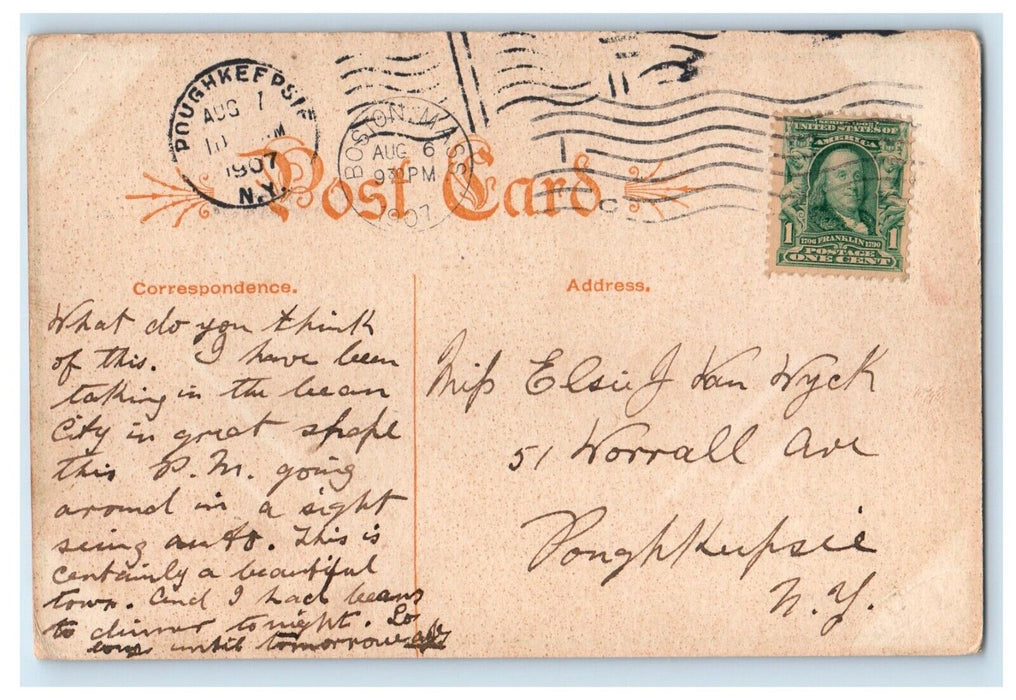 1907 Beans And Monument At Boston Massachusetts MA, Poughkeepsie NY Postcard