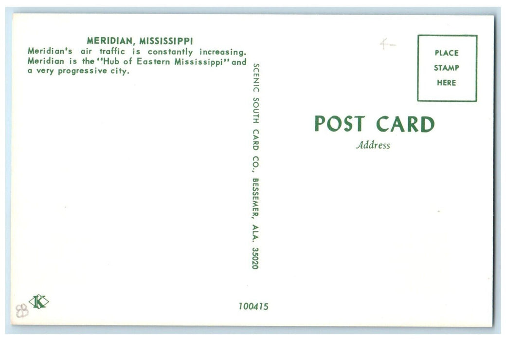 c1950's Meridian Mississippi MS, Delta Airplane Airport Water Tower Postcard