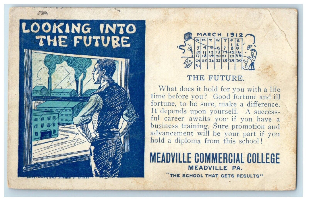1912 Meadville Commercial College Advertising Calendar PA Factory Postcard