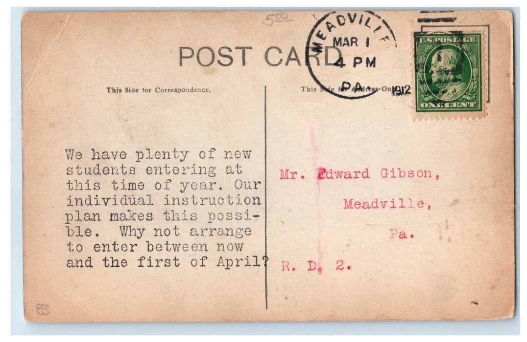 1912 Meadville Commercial College Advertising Calendar PA Factory Postcard