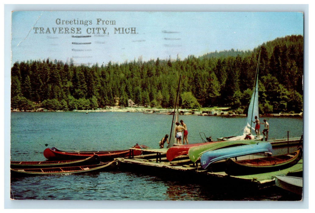 1956 Canoe Boat Scene, Greetings from Traverse City Michigan MI Postcard