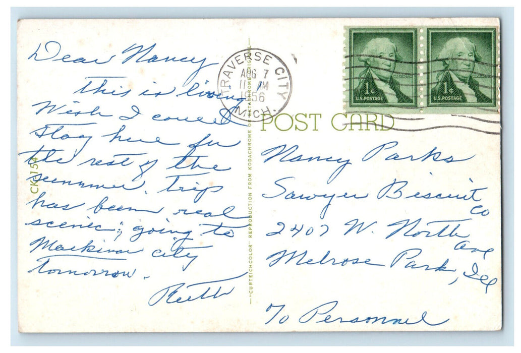 1956 Canoe Boat Scene, Greetings from Traverse City Michigan MI Postcard