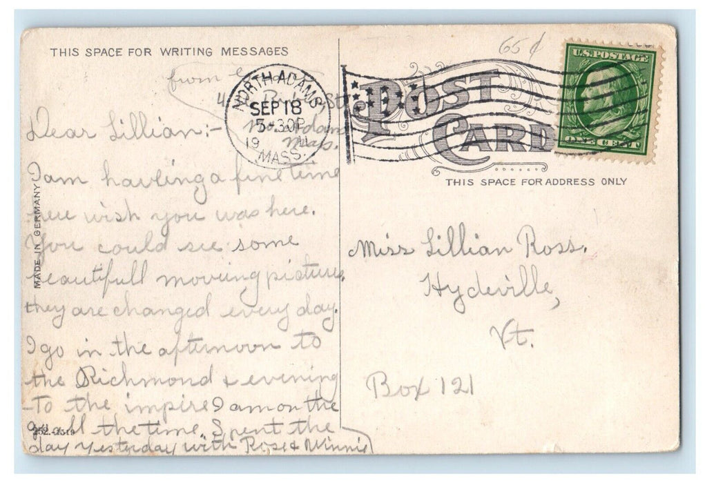 1911 Main Street Horse And Buggy Statue North Adams Massachusetts MA Postcard