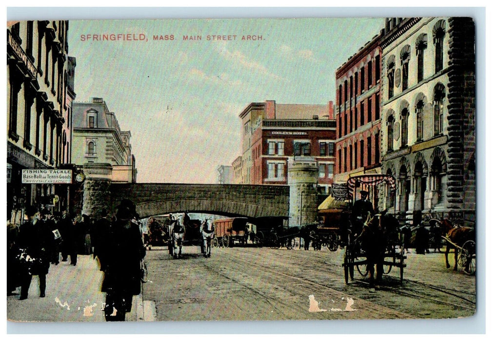 1909 Springfield MA, Main Street Arch Fishing Tackle Store Antique Postcard