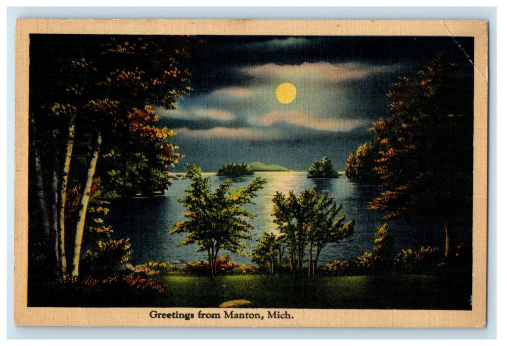 c1950's Moonlight Scene, Greetings from Manton Michigan MI Vintage Postcard
