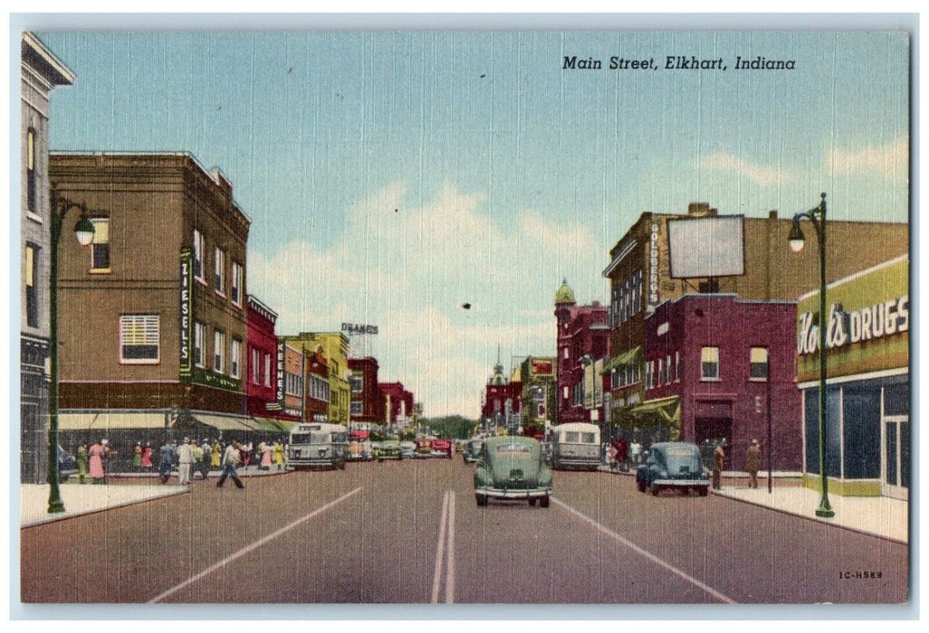 c1930's Main Street Cars Drakes Goldberg's Buildings Elkhart Indiana IN Postcard