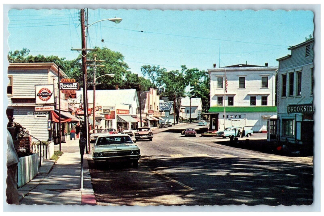 View Of Main Street Allen Rexal Chevrolet Stores Bridgton Maine ME Postcard