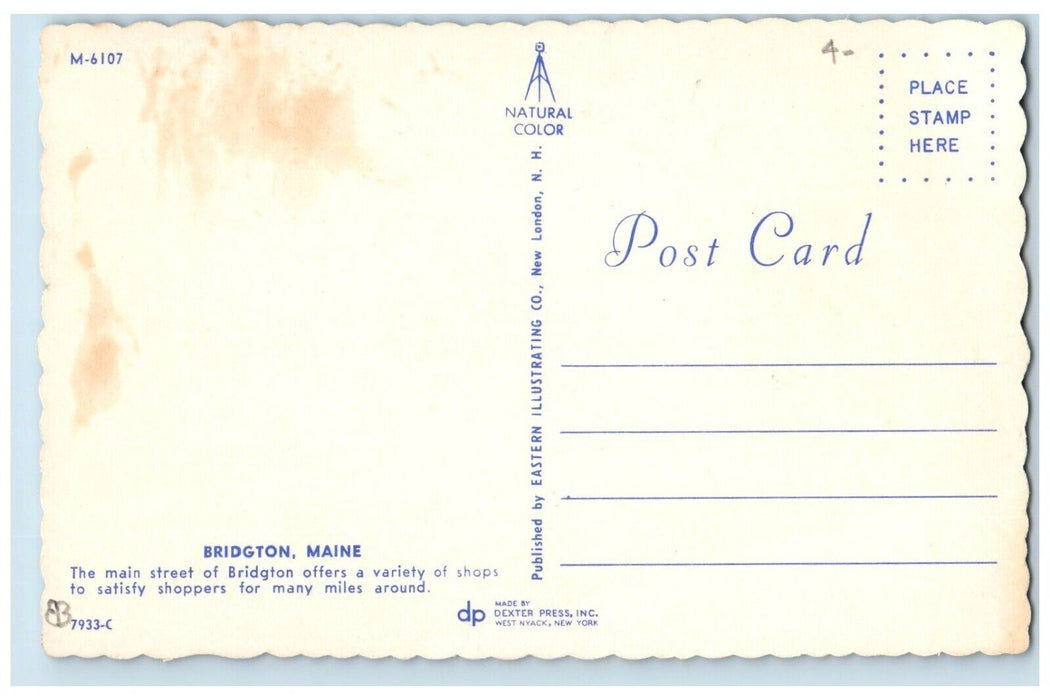 View Of Main Street Allen Rexal Chevrolet Stores Bridgton Maine ME Postcard