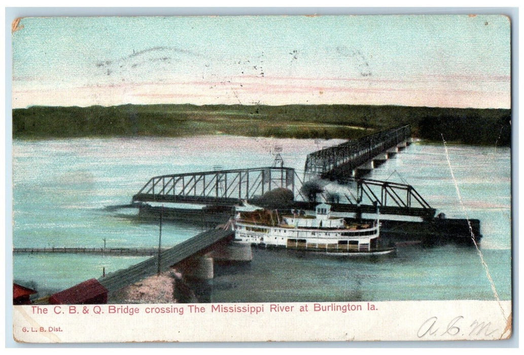 1906 C. B. & Q. Bridge Ship Crossing Mississippi River Burlington IA Postcard