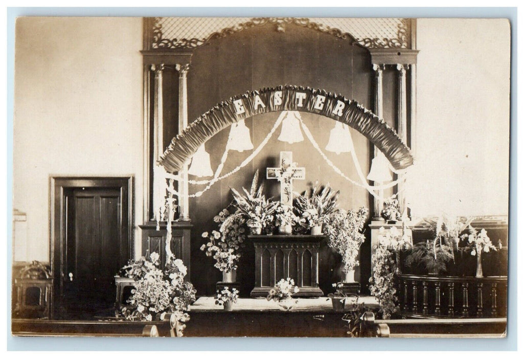 c1905 Church Interior Easter Religious Celebration Altar RPPC Photo Postcard
