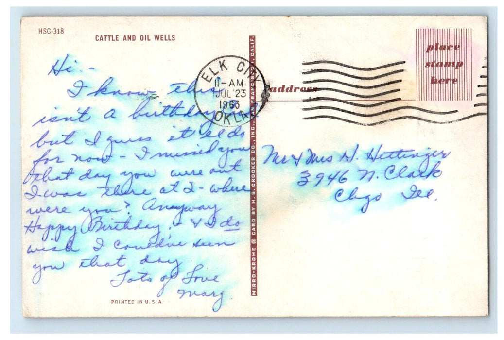 1963 Oklahoma Cattle & Oil Well, Greetings from Elk City Oklahoma OK Postcard