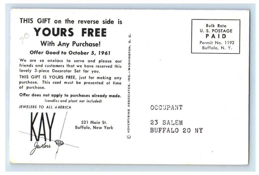 c1950's Free Imported Ceramic Decorator Set Kay Jewelers Buffalo NY Postcard