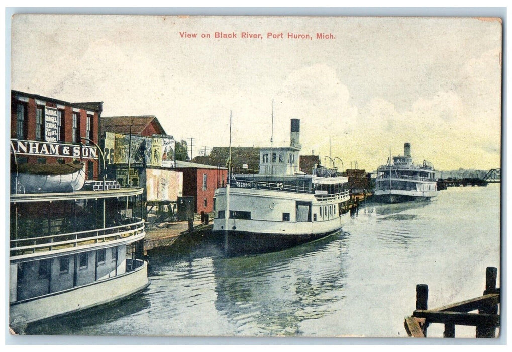c1910's View On Black River Boats Port Huron Michigan MI Antique Postcard