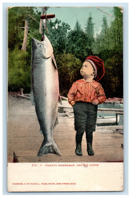 1912 Giant Fish, Kid, Embryo Fisherman and His Catch Portland OR Postcard