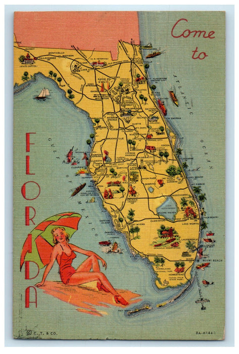 1951 Lady in Swimsuit Sun Bathing, Umbrella, Map, Come to Florida Postcard
