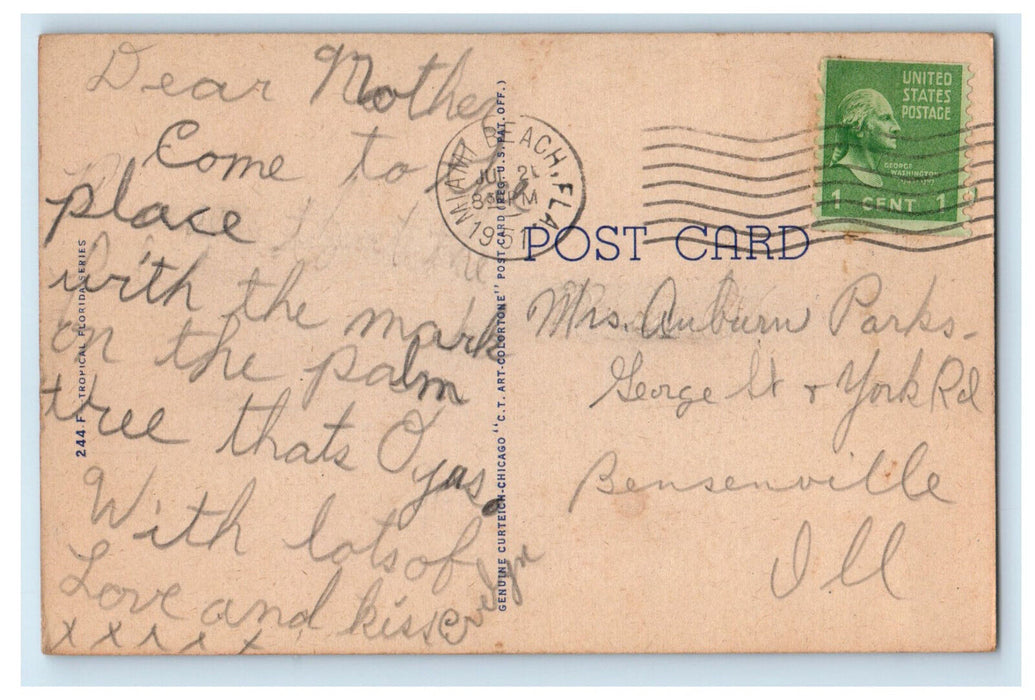 1951 Lady in Swimsuit Sun Bathing, Umbrella, Map, Come to Florida Postcard