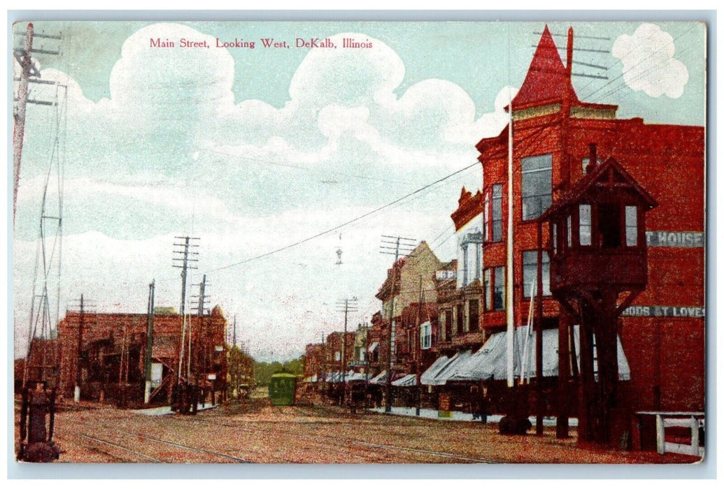 1922 Main Street Looking West Trolley Storefront Dekalb Illinois IL Postcard