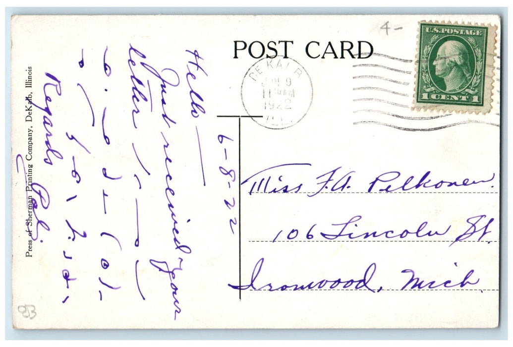 1922 Main Street Looking West Trolley Storefront Dekalb Illinois IL Postcard