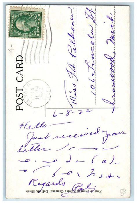 1922 Main Street Looking West Trolley Storefront Dekalb Illinois IL Postcard
