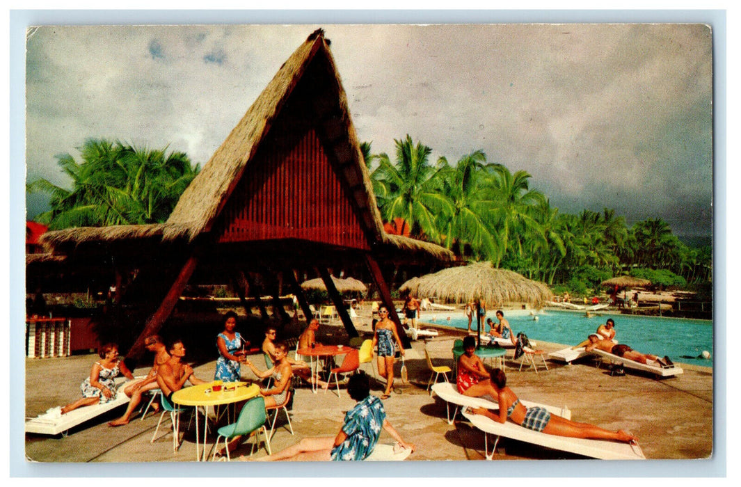 1962 Pool Scene, Guests Sun Bathing, Drinking, Kona Inn Hawaii HI Postcard