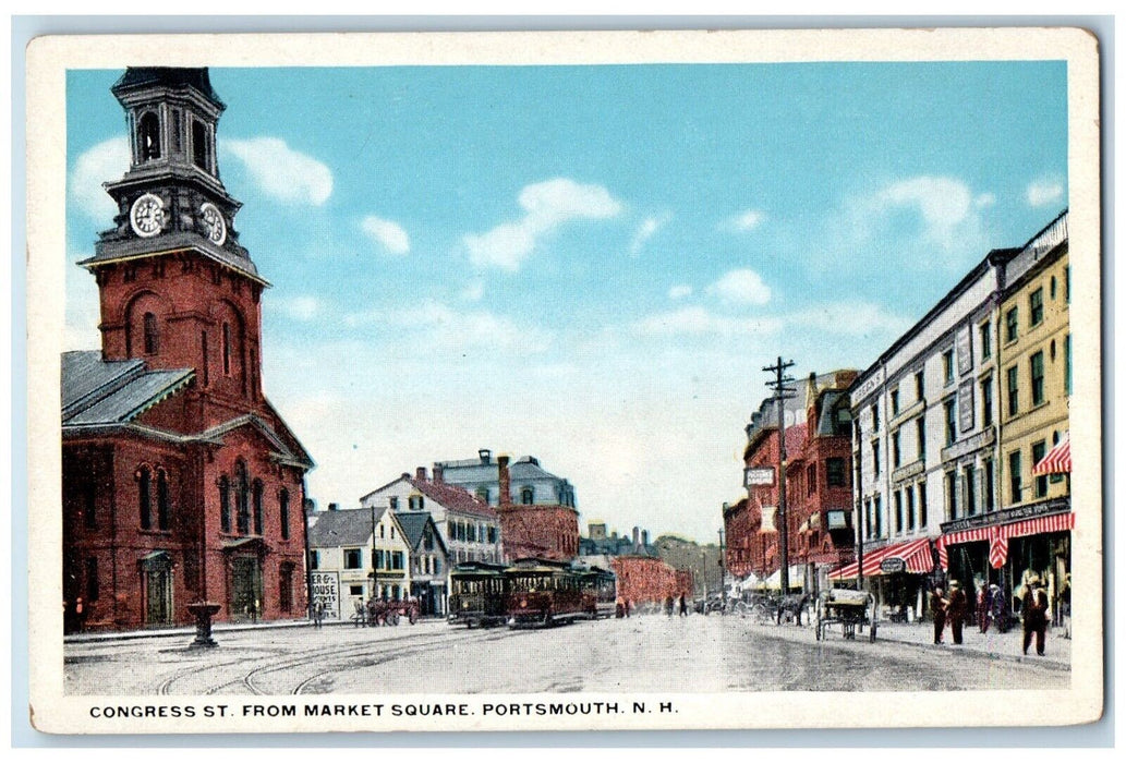 c1910's Congress St. From Market Square Trolley Train Portsmouth NH Postcard