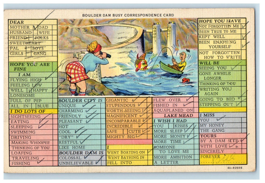 1938 Fishing, Microscope, Boulder Dam Busy Correspondence Card Comic Postcard