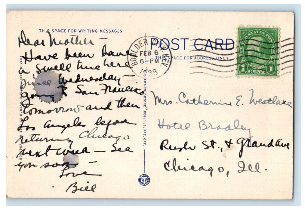 1938 Fishing, Microscope, Boulder Dam Busy Correspondence Card Comic Postcard