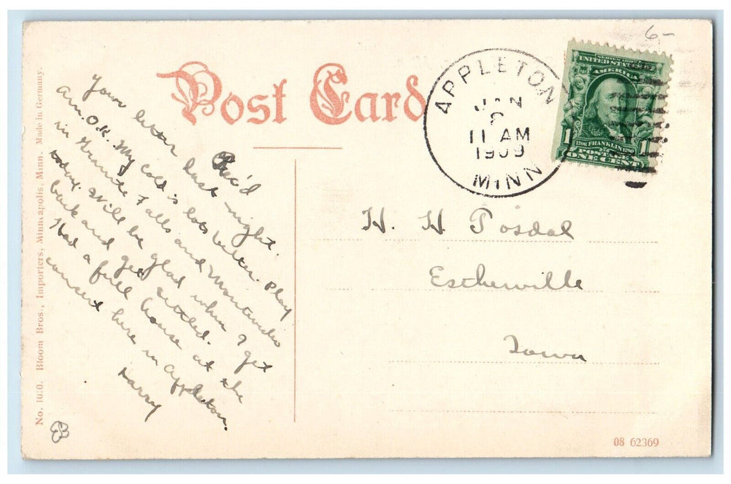 1909 River Scene Canoeing Appleton Minnesota MN Posted Antique Postcard