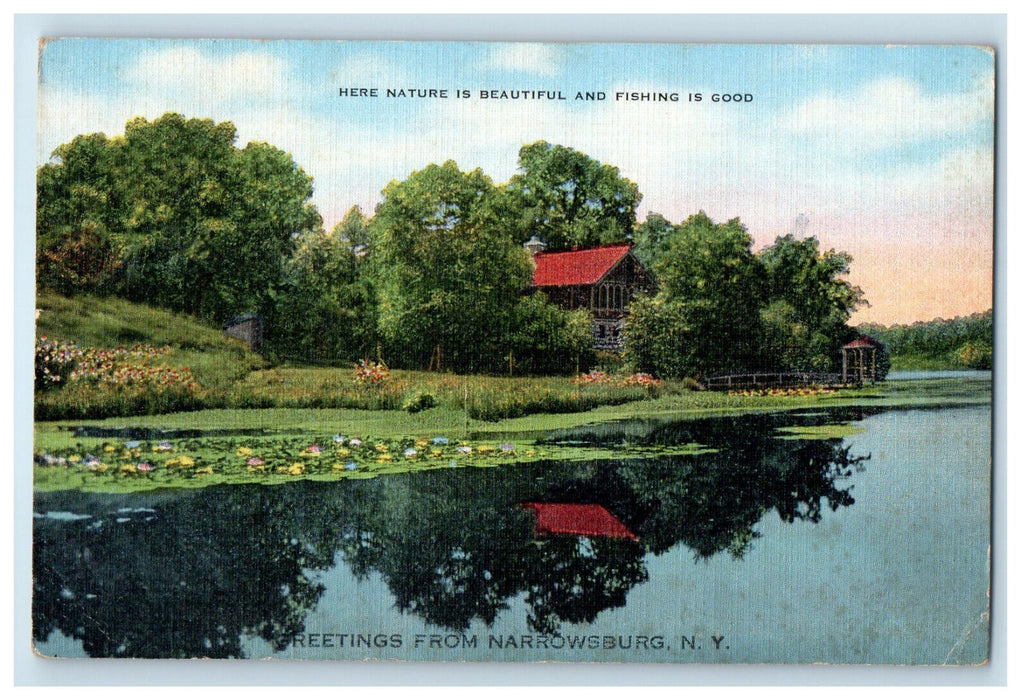 1944 Nature and Fishing Scene, Greetings from Narrowsburg New York NY Postcard