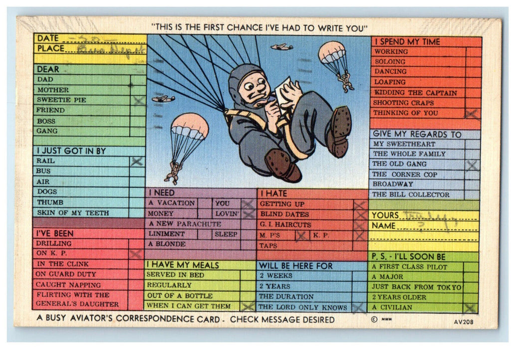 1944 Parachute Scene,Busy Aviator's Correspondence Card Minneapolis MN Postcard