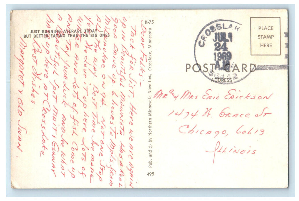 1969 Giant Walleyes Fish, Motorboat, Hello from Crosslake MN Postcard
