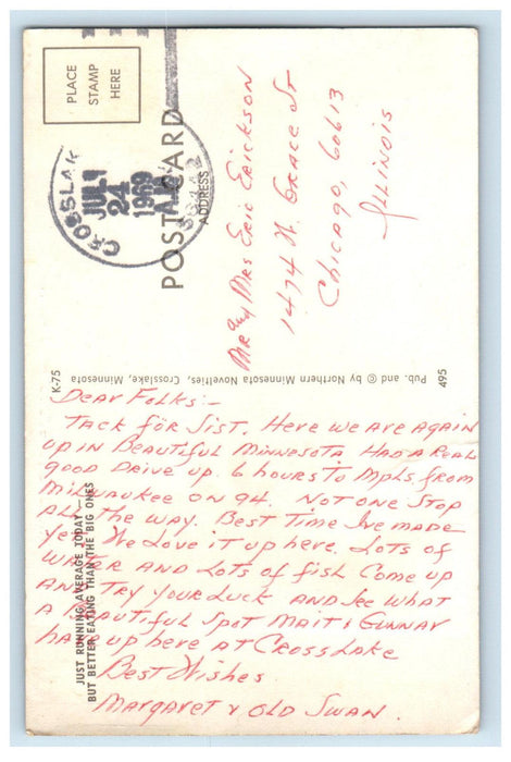 1969 Giant Walleyes Fish, Motorboat, Hello from Crosslake MN Postcard