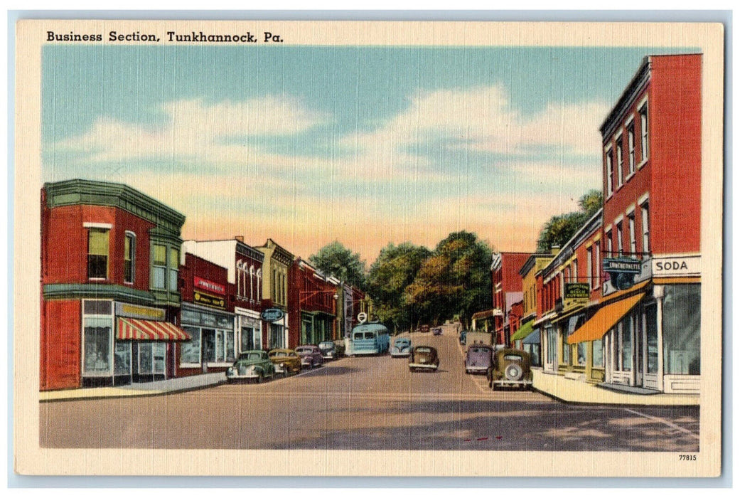 c1940's Soda Shop, Cars, Business Section, Tunkhannock Pennsylvania PA Postcard