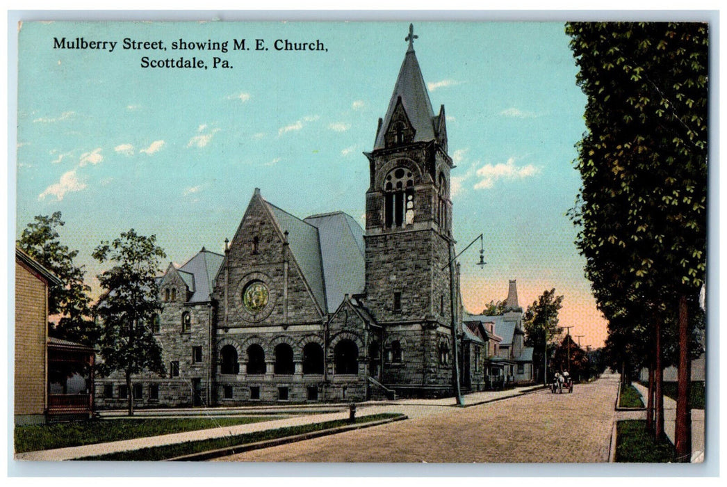 1913 Mulberry Street Showing ME Church Scottdale Pennsylvania PA Postcard