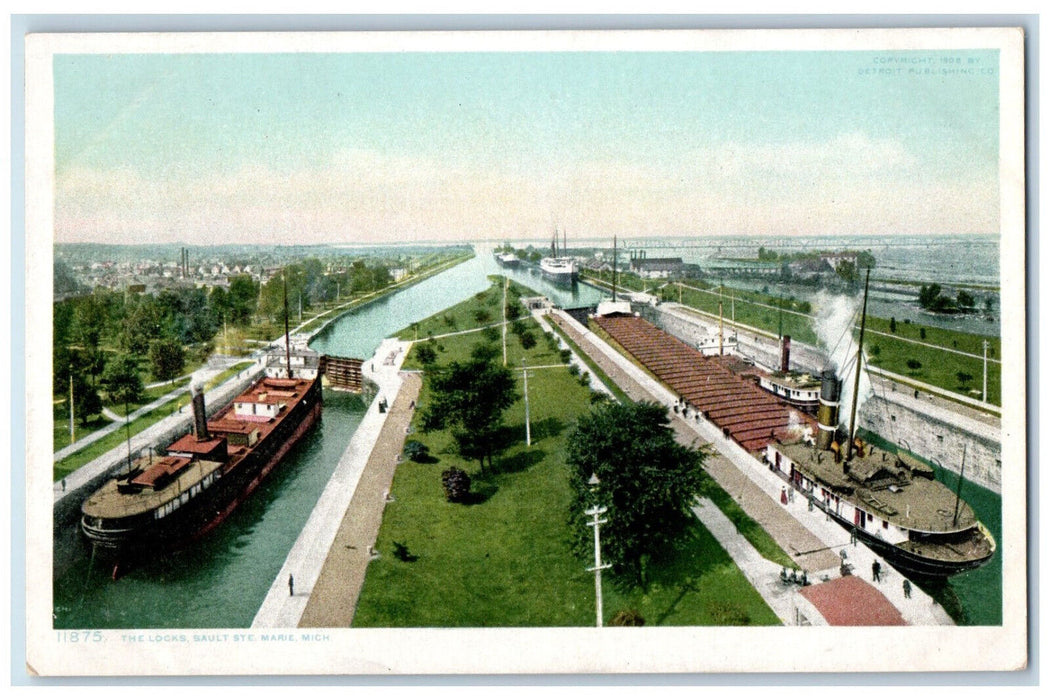 c1920's Steamship Scene, The Locks Sault Ste Marie Michigan MI Phostint Postcard