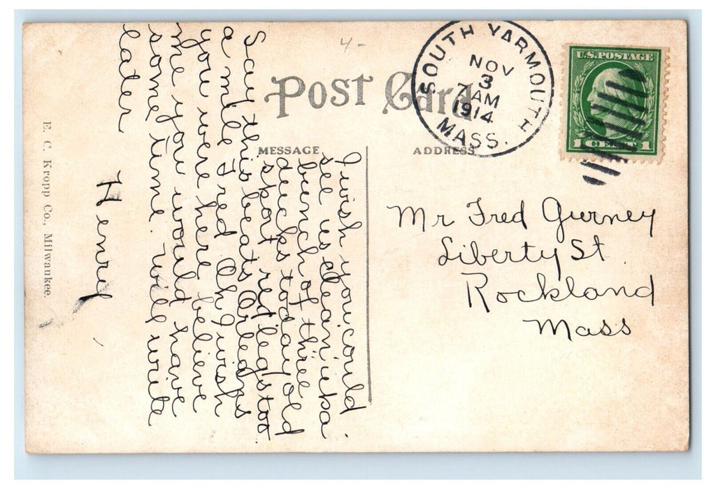 1914 Lower Village Boats South Yarmouth Massachusetts MA Posted Antique Postcard